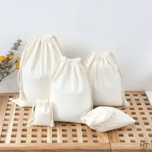 white cotton canvas drawstring bag with double string